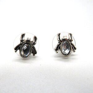 Spider Shaped Earrings Silver Tone Pierced Stud Clear Rhinestone Center